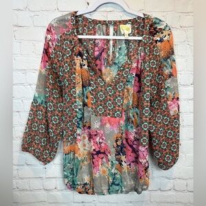 Fig & Flower Anthropologie Patchwork Blouse boho prairie‎ cottagecore, sz S